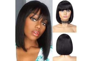 QIHANG Perruques de cheveux humains Bob courts avec frange 12/10 pouces naturel noir/brun ombré aucune perruques avant de lacet perruque de cheveux raides brésilienne pour les femmes noires (1B, 12)