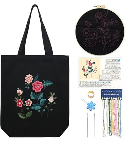 Sacs en toile - Kit de broderie noir avec sac,Kit de Broderie sur Toile Noire,produit non fini,Instructions incluses,compris aiguille et fil,Adapté aux débutants adultes et aux amateurs de broderie