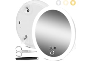 HMGGOOFA Magnifying Mirror with Lights 20X, Makeup Magnifying Mirror with 3 Suction Cups, 6'' Magnifying Mirror with LED Lights Dimming Makeup Mirror with 20X Magnification, Large 20X Travel Magnifying Mirror