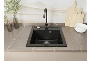 Faizee Home | Spülbecken Granit Schwarz 49x52 cm | Hochwertige Küchenspüle & Einbauspüle | Eckiges Spülbecken | Beidseitig montierbare Granitspüle | Einbaugranitspüle ab 45 cm | Inkl. Siphon-Set