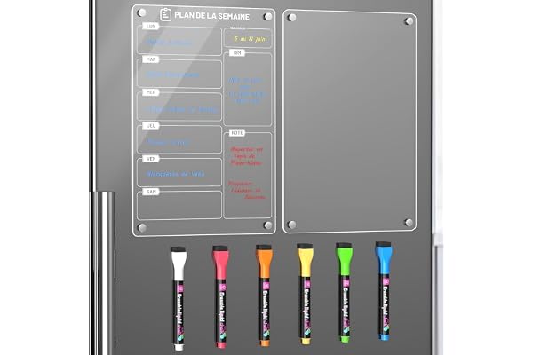 Langaelex Lot de 2 Tableaux Magnétiques Frigo (1 Imprimer Planning Semaine + 1 Vierge Transparent) - 30x20 cm - Avec Marqueur à Craie Liquide 6 Couleurs