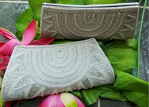 Silver White Seed Pearl Sequin Clutch, set of 2,Indian Vintage style Beaded Bridal Clutch, White Ethnic Bridal Clutch