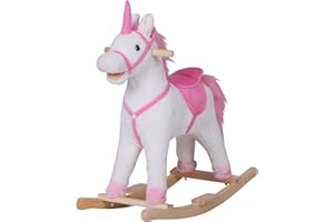 HOMCOM Cavallo a Dondolo in Legno Unicorno Giocattolo Cavalcabile Bambini Peluche 78 × 28 × 68cm Rosa