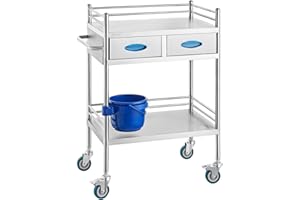 VEVOR Carro de Laboratorio de Acero Inoxidable, Carro Médico 2 Capas 2 Cajones, Carro de Servicio Carga 100 kg con Ruedas Bloqueables y Cubo, para Laboratorio Salón Hospital, Uso Dental