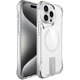 Elfia iPhone 15 Pro Max ile Uyumlu Silikon Şeffaf M-Safe Şarj &Ouml;zellikli Airbag Kenarlı Standlı Kılıf, T-Max