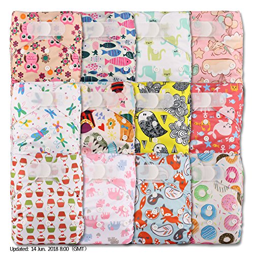 LittleBloom Pañal de tela reutilizable, de bolsilllo, cierre:Velcro, juego de 12, varios estampados diseños 1201 Talla:12 pañales, 1 inserto de bambú cada uno