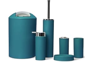 GMMH 6-Piece Bathroom Accessory Set Organiser: Soap Dispenser, Toothbrush Cup, Cosmetic Bin, Toilet Brush and Holder, Soap Dish, Rubbish Bin, Toothbrush Holder, Bathroom Set (Dark Turquoise Design 2a)