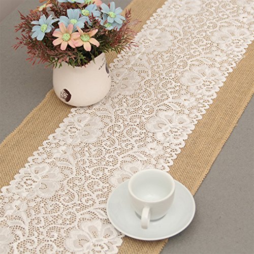 PsmGoods® Rustic Burlap Spitze Hessischen Tischläufer Natürliche Jute für Hochzeit Festival-Ereignis Tischdekoration 30x180cm-weiße Spitze