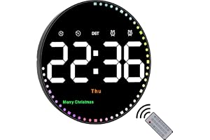 ALEENFOON 25,4 cm stor färgglad ljus rund digital väggklocka med fjärrkontroll, digital klocka med 2 larm/temperatur/datum/ti