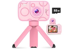 HOFIT Kinderkamera mit Hochklappbarem Objektiv, Geschenke Mädchen 3 4 5 6 7 8 9 10 11 12 Jahre, 1080P Digitalkamera Kinder, 32 GB SD-Karte, Geburtstagsgeschenk Weihnachten Spielzeug ab 3-12 Jahre