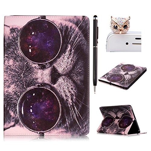 iPad Air 2 Hülle,iPad 6 Case,iPad Air 2 Ledertasche - Felfy PU Ledertasche Luxe Bookstyle Flip Standfunktion Magnetverschluss Ledertasche Muster Eule Schmetterling Pfingstrose AugeBunte Malerei Retro Painted Abdeckung Schutzhülle Ablösbar Handliche Case Tasche Etui für Apple iPad Air2 (iPad 6)(Domineering Katze) + 1 x Schwarz Stylus + 1 x Farbe Eule Dust Plug