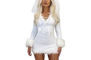 Sunfanrtnn Women Hooded Santa Costume Mrs.Claus Dress Cosplay Christmas V-Neck Furry Fancy Hooded Dress Nightwear Outfits