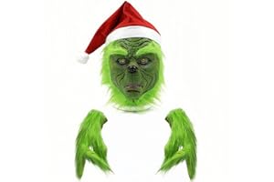 DEPHIE Christmas Grinch mask, Grinch Decorations, Christmas Mask and Gloves With Red Hat Anime Cosplay, Grinch Costume for Halloween Xmas Funny Carnival Party Full Face Latex Helmet Costume Props