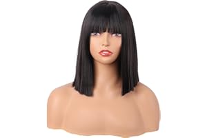 MapofBeauty 12 Inch/30 cm Straight Bob Flat Bangs Short Colorful Synthetic Hair Cosplay Party Wig (Black)