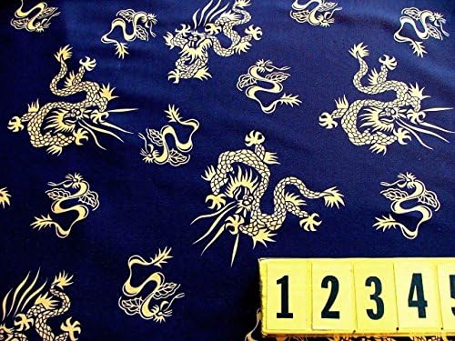 Poly Lycra Stretch Fabric - Navy Gold Chinese Dragon - 150cm Wide - New by Dcf