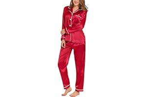SWOMOG Women's Pyjama Set Long Sleeve Pyjamas Silk Satin Pjs Soft Button Down Sleepwear Set Loungewear