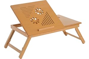 HOMCOM Table de lit, Plateau pour Ordinateur, Table d'appoint en Bois de Bambou, Plateau inclinable, Pliable et réglable en Hauteur avec tiroir, 55 x 35 x 22-32,5 cm, Naturel