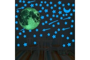 FANJIANG 109 Pegatinas Fluorescentes Luna+Estrellas, Decorativas Pegatinas Luna Estrellas, Luminosas Pegatinas de Pared para Techo/Habitación Niños. (Luna Verde+Estrellas Azul)