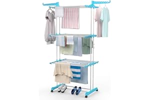 H Houseware Heavy Duty 3 Tier Stainless Steel Cloth Drying Stand with Wheels Portable Rustproof Laundry Rack Folding Clothes Dryer for Home, Balcony & Outdoor Use (43.2 x 78.7 x 165 cm, Blue)
