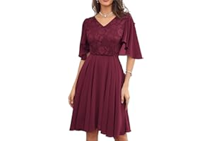 GRACE KARIN Women's Chiffon Pleated Dress Short Cape Sleeve V-Neck Lace Contrast Dress for Cocktail Party