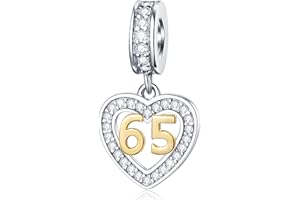 GLOWDAS 10 to 25 28 30 33 35 40 45 50 55 60 65 70 75 80 Birthday Charms, fit European Anniversary Bracelet/Necklace, Golden Number 925 Sterling Silver Heart Pendant with CZ, for Women/Men
