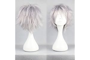 ‎CYBELLEZA Anime Cosplay Perücke Kurze Perücken Silber Grau für Frauen/Männer Synthetische Gerade Fancy Dress Perücke Gewellt Glatt Geschichtete Flauschige Halloween Kostüm Party Perücke mit Gratis Mütze