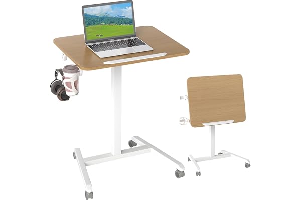COSTWAY Sidobord höjdjusterbart med hjul, ståbord med 90° lutbar bordsskiva, krok och kopphållare, ståbord, laptopbord för vardagsrum, sovrum