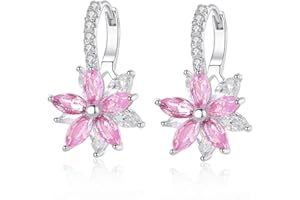 Josfeva Silver Hoop Earrings for Women, White Gold Plated Double Flower Hoop Earring with Cubic Zirconia, Hypoallergenic Crystal Hoop Earrings, Size:13mm * 22mm, Gift for Women Girls