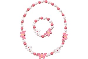 Souvik 2 teiliges Kinderschmuck Set Holz Halskette und Armband für Mädchen Schmückendes Schmuckset für Kinder mit Schmetterlings und Blumenperlen für Geburtstag oder Alltag