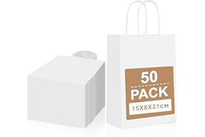 Gucass 50 Pieza Pequeñas Bolsas Papel Kraft con Asas, Blanco Bolsas de Papel Regalo, 15x8x21cm, Bolsitas de Regalos para Embalaje de Regalo, la Compra, Navidad Fiestas de Cumpleaños Bodas