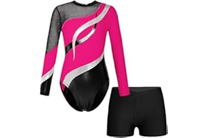 JanJean Kinder Mädchen Gymnastikanzug Glänzend Ballettanzug Langarm Turnanzug Ballett Trikot mit Kurze Hose Wettbewerb Tanzkostüm