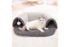 PAMATIO Katzentunnel Katzen Bett Grau Plüsch Katzen Spieltunnel, 2 in 1 Katzen Bett Cat Tunnel mit mit Weißem Plüschball, Spielteppich Geschenk für Katzen Hasen (76 * 53 * 17cm)