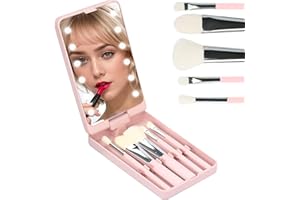 JIANGLAI Pink Pocket Mirror with Led Light, 5 Makeup Brushes, Folding, Rechargeable, Dimmable, Compact Travel Mirror for Purse, Handbag