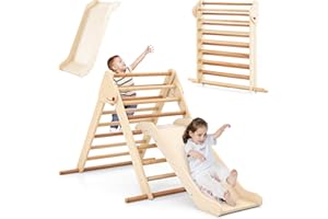 ‎COSTWAY COSTWAY Kletterdreieck mit Rutsche, 3 in 1 Klettergerüst Indoor klappbar, Sprossendreieck Holz, zum Rutschen und Klettern, für Kinder ab 1 Jahr (Natur)