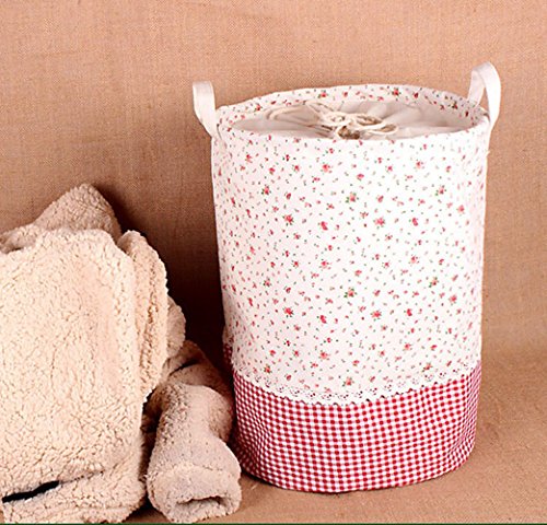 Addfun®Prämie Stoff Faltbare Runden Wäsche Korb,Stitching Spitze Wäsche Korb Kinder Spielzeug Lagerung Halter mit Lids 35 * 45cm(rote Blume)