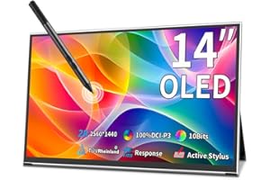Magedok Przenośny wyświetlacz OLED, przenośny monitor 14" 2K| 2560 x 1440 | 100% DCI - P3, 10 bitów, uchwyt pióra AES | VESA|stojak | Wyświetlacz 1MS HDMI USB typu C Ekran do laptopa/PC/Mac/konsoli do