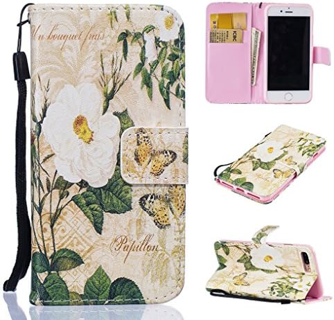 Yidaxing iPhone 7 PLUS Wallet Case, Premium PU Leather Flip Cover Colorful Pattern Design Shockproof Case with Hand Strap and Card Holder for iPhone 7 PLUS, White Flower