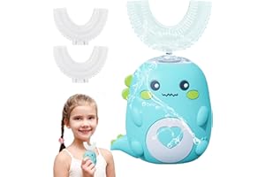 JOPWUE Brosse à dents électrique, à ultrasons, 360°, avec 2 têtes de brosse en silicone en forme de U, automatique, avec LED et look dinosaure, pour enfants de 2 à 12 ans, garçons, filles, vert, 2 à 6 ans
