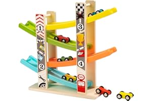 WISPLYE Jouet Rampe de Voiture en Bois, Piste de Course en Bois avec 6 Mini Voitures, Circuit Rampe Voiture Educatif Jouet pour Enfant Garçons Filles Cadeaux d'anniversaire