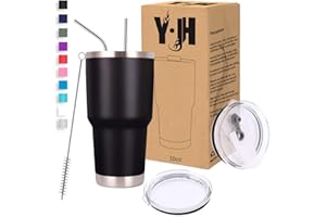 Y·J&H Y·JH 30oz (850ml) Bicchiere da viaggio Tazza da caffè a doppia parete isolata sottovuoto Tazza da caffè in acciaio inossidabile con 2 coperchi antispruzzo, 2 cannucce, senza BPA - Nero