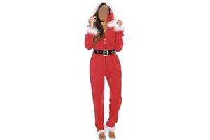 Miolasay Women Adult Christmas Santa Pajamas Long Jumpsuit Onesies Hooded Romper Xmas One Piece Fancy Cosplay Costume