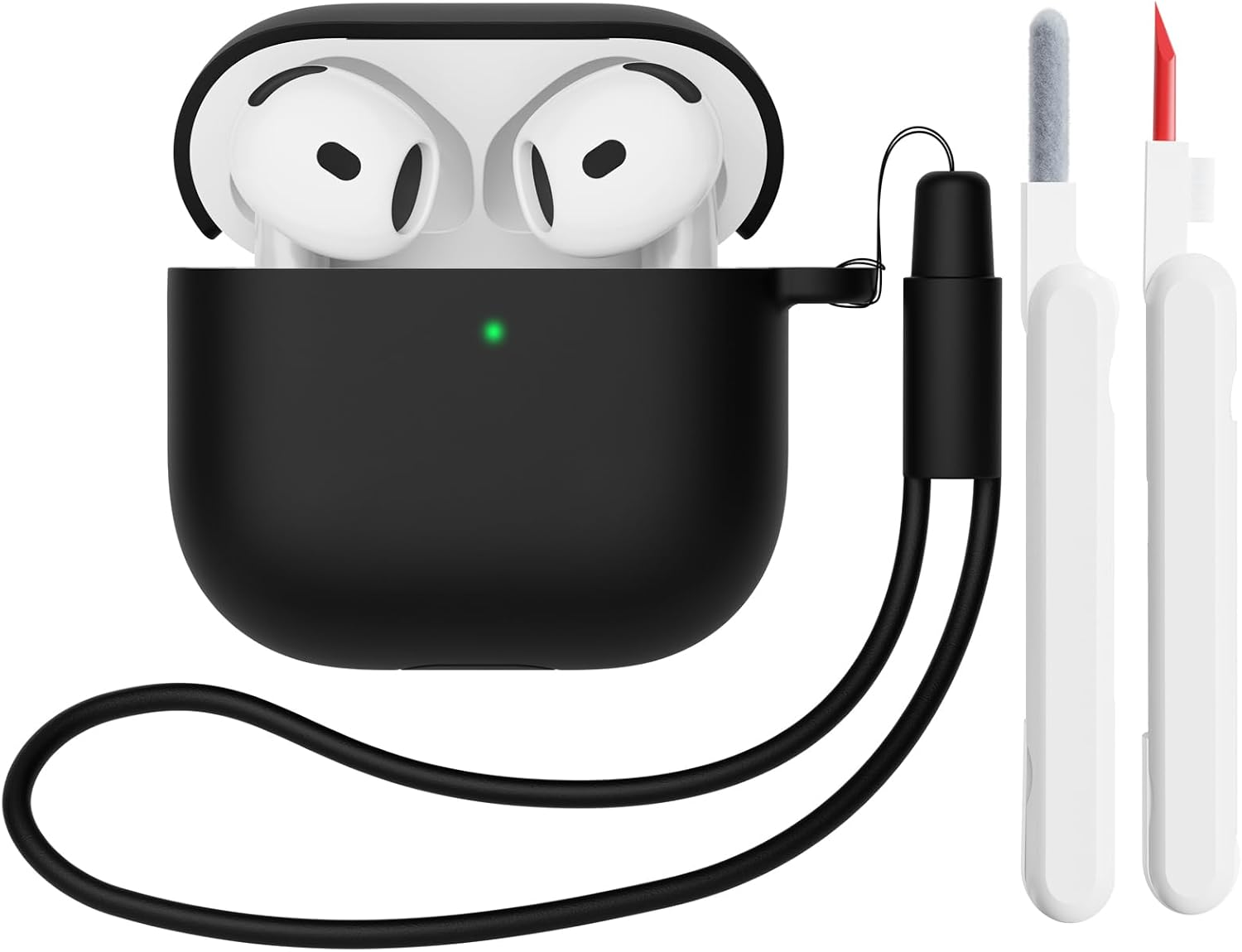 Mocarheri Funda de Silicona Compatible con AirPods 4.ª Generación con Kit de Limpiador, Fundas Protectora de Silicona para AirPods de 4 Generacion 2024, LED Visible Frontal, Negro