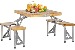 ‎BIGTREE BIGTREE Klappbarer Campingtisch mit Stühlen aus Holz, Alu Camping Set Tisch Stuhl mit 4 Sitzplätze und Schirmloch, Faltbarer Picknicktisch, Tragbarer Koffertisch für Outdoor, Camping, Strand, Garten