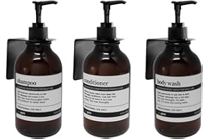 JENNGAOO Dozownik do szamponu na ścianę 3 szt. - Dozownik mydła ściennego bez wiercenia z wodoodpornymi etykietami - 3 butelki i 3 uchwyty ścienne, bursztyn