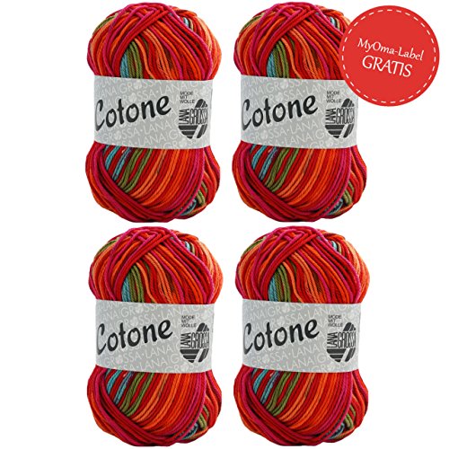 Lana Grossa Cotone Print * 4x Cotone Lana Grossa Print Bubblegum (Fb 153) * Baumwolle zum Stricken - Baumwolle zum Häkeln - 100% Baumwolle - 2,5-3,5 mm - 50g/125m + GRATIS MyOma Label