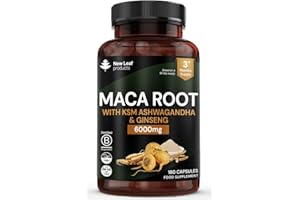 NEW LEAF PRODUCTS Maca Root Capsules with KSM Ashwagandha and Ginseng - 180 High Strength 6000mg Maca Root + Ashwagandha KSM-66, Panax Ginseng & Black Pepper - Vegan Capsules Made in The UK