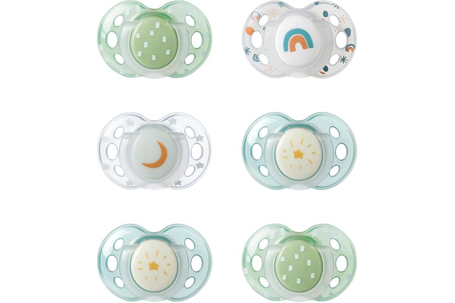 Tommee Tippee Nighttime Soothers, 18-36m, 6 Pack, Glow in The Dark, Varied Colours and Designs, Symmetrical Orthodontic Dummy, BPA-Free Silicone Teat