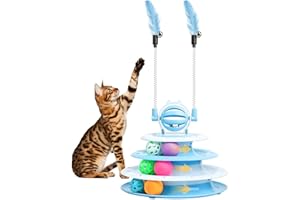 DEMOCRATIDO 3 in 1 Katzenspielzeug,Interaktives katzenspielzeug mit 2 Federn& Ballübungs Katzenspielzeug,Teaser Spaß für Kätzchen(Blau)