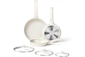 Innerwell Padella Antiaderente 20/24/28 cm con Coperchi, Padella a Induzione con Rivestimento in Ceramica, Padella per Omelette Antiaderente, Senza Pfoa, Alluminio,Bianco