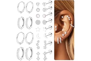 Morfetto 12 Paires Boucles d'Oreilles Femme Acier Chirurgical Inoxydable Hypoallergénique Lot Boucle d'Oreille Plaqué Or 14K Argent Creoles Huggie pour Piercing Oreille Helix Tragus Cartilage Conch